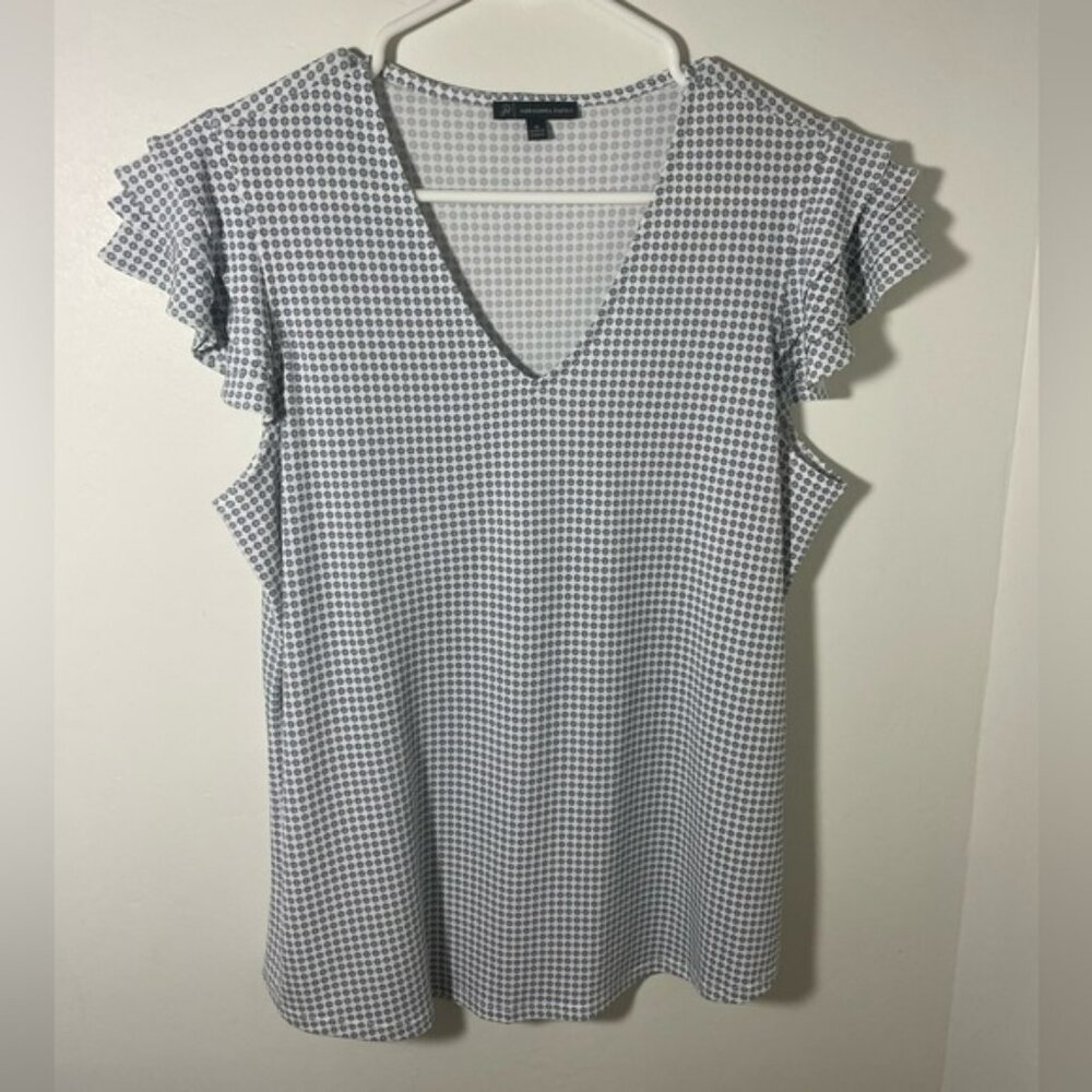 Adrianna Papel White, Blue and Grey flutter sleeve top.